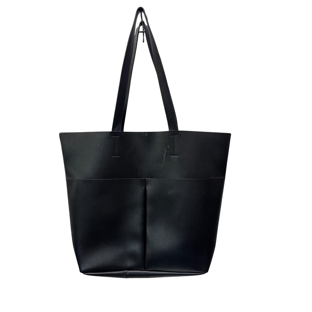 Neiman Marcus Black Faux Leather Tote Bag Front Pockets Minimalist Shoulder Bag
